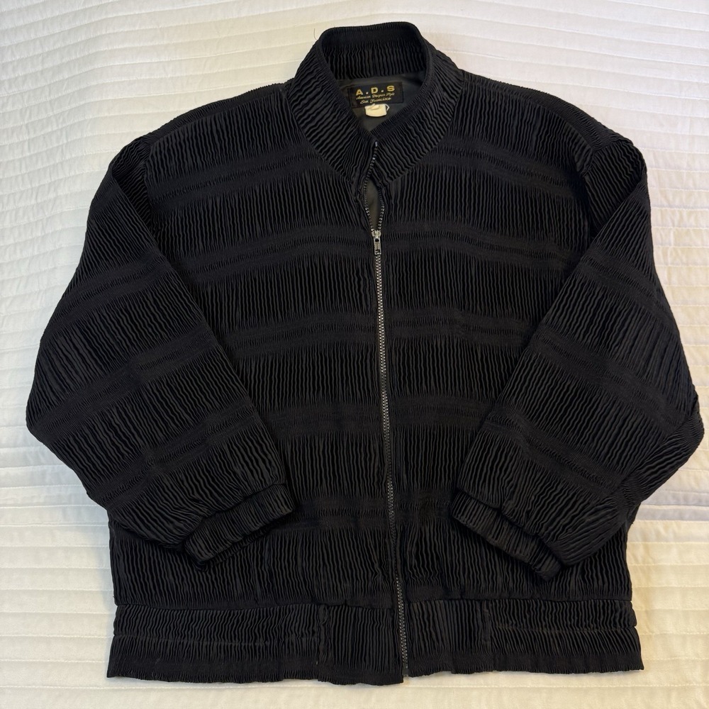 VTG 80s Maximal ADS San Francisco Black Metallic Satin‎ Bomber Jacket Zip Sz M